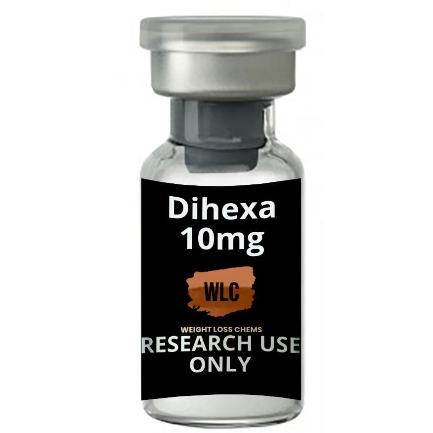 Dihexa 10mg vial for research use only. Weight Loss Chems product.