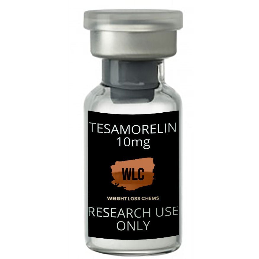 Tesamorelin 10mg vial for research use only. Weight Loss Chems product.